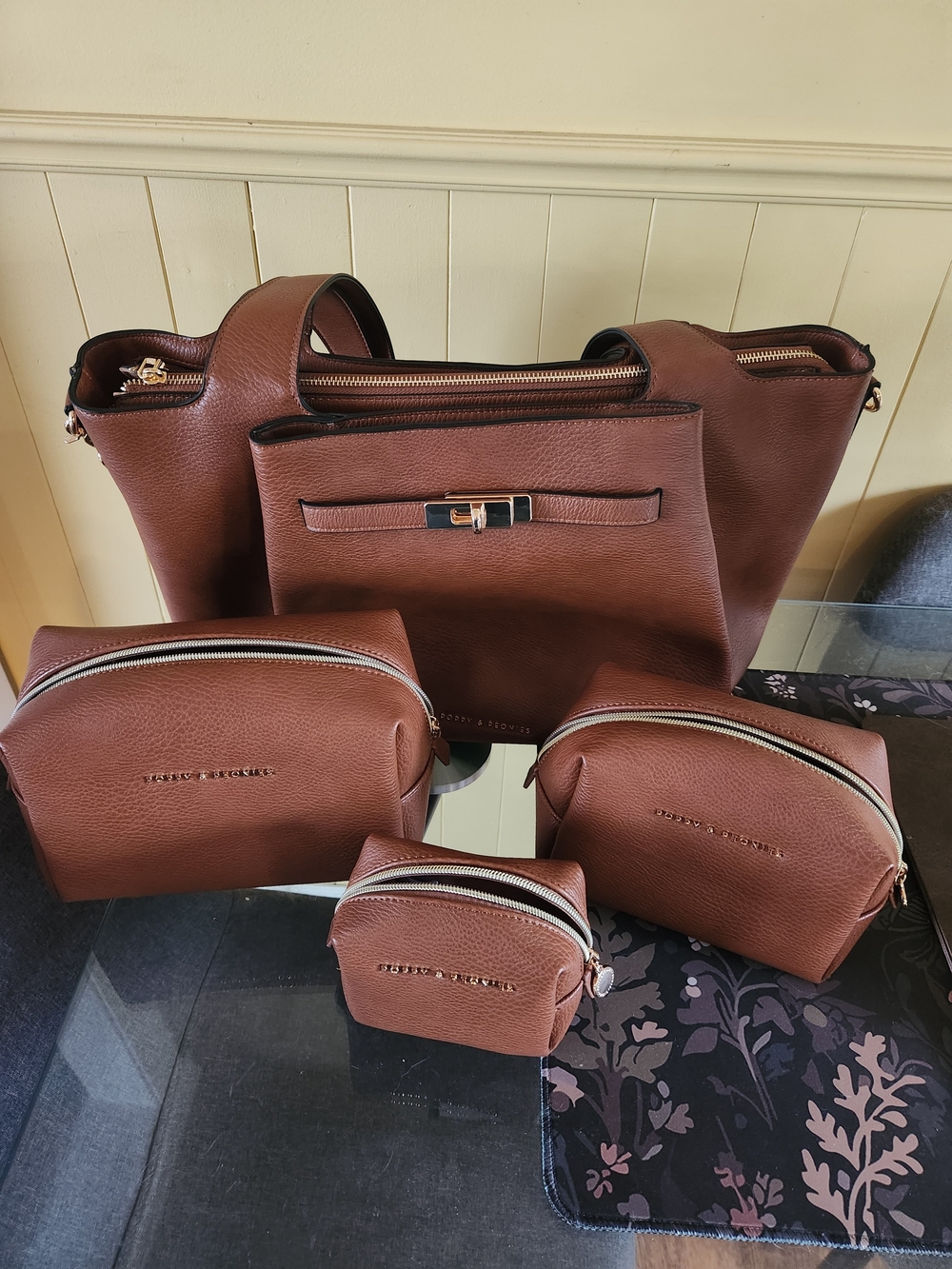 Brown Leather Tote Bag with Matching Pouches - Classic Everyday Set